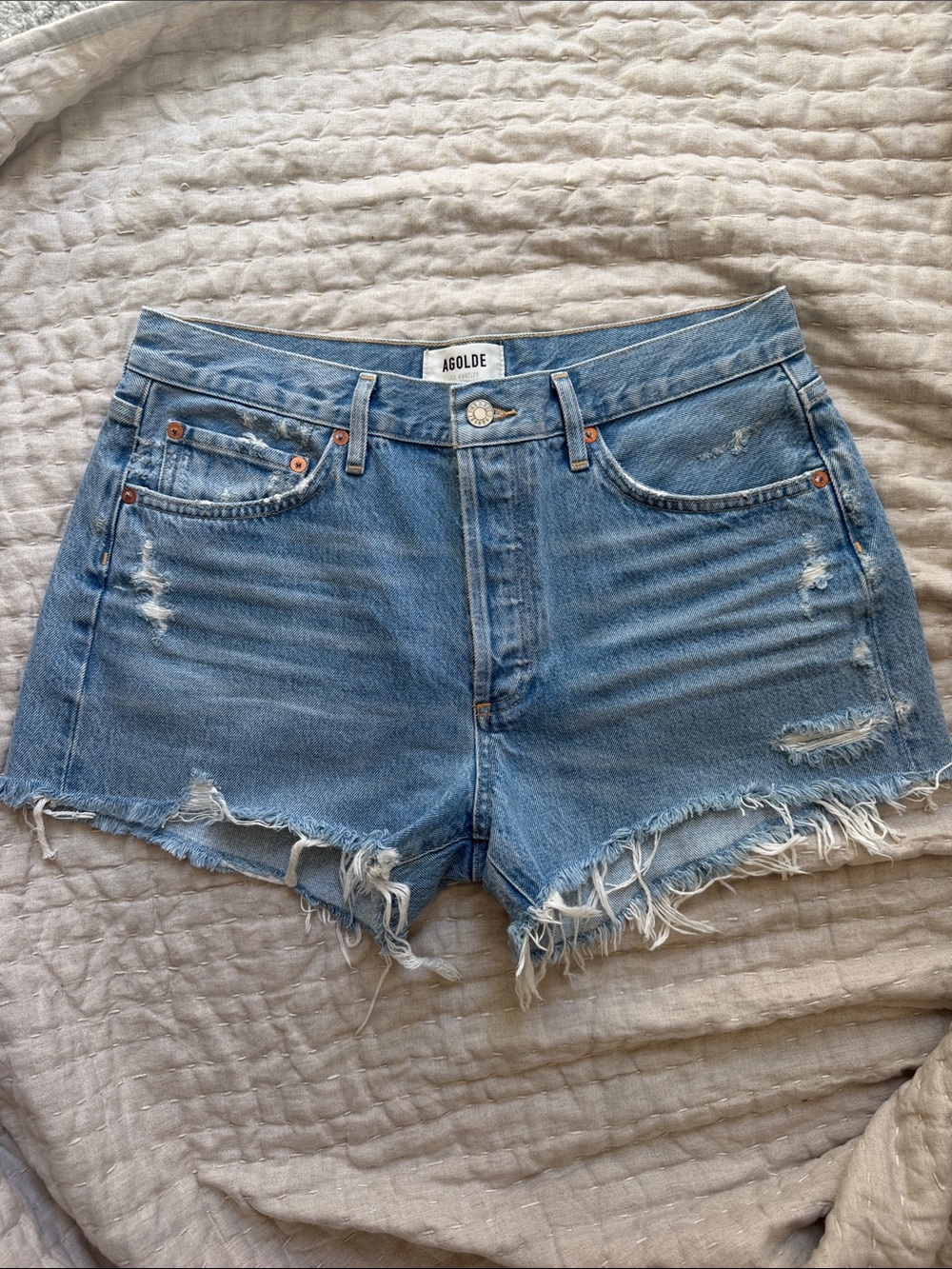 Agolde Parker Size 29 Light Blue Distressed High-Rise Denim Shorts